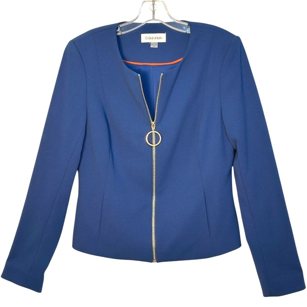 Calvin Klein Zip Up Blazer Women Blue Gold Hardware Modern Chic Tailored 10
